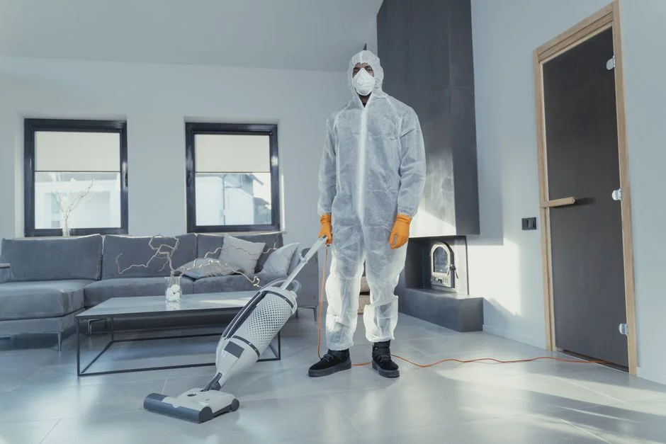 Cleaner using a vacuum in a stylish indoor setting, showcasing cleaning equipment and techniques.
